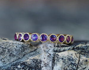 Amethyst Half Eternity Ring Band. 14K Solid Gold Stacking Ring. Wedding Band. Rainbow gold ring. Minimalist Gold Ring, Valentine's Day