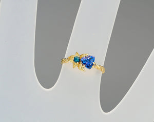 Genuine Tanzanite, sapphire and diamond gold ring. Tanzanite gold ring. Statement ring. December birthstone ring. Flower gold ring.