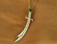 Load image into Gallery viewer, Solid 14K Gold Zulfikar sword pendant with emerald and diamonds. Shia Islamic Hazrat Imam Ali ibn Abi Talib علي Zulfiqar Sword.