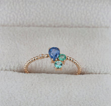 Load image into Gallery viewer, Pear sapphire gold ring. Genuine sapphire, emeralds and diamond 14k gold ring. Blue sapphire ring. Delicate gold ring. Cluster ring