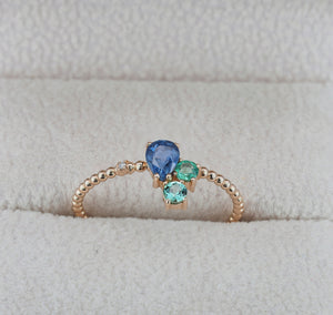 Pear sapphire gold ring. Genuine sapphire, emeralds and diamond 14k gold ring. Blue sapphire ring. Delicate gold ring. Cluster ring