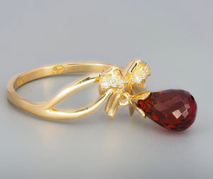 14k Solid Gold Ring With Genuine Garnet And Diamonds. Gold Ribbon Ring. Red Ribbon Ring. Garnet Briolette Gold Ring. January Birthstone Ring