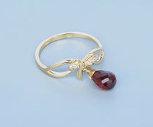 Load image into Gallery viewer, 14k Solid Gold Ring With Genuine Garnet And Diamonds. Gold Ribbon Ring. Red Ribbon Ring. Garnet Briolette Gold Ring. January Birthstone Ring