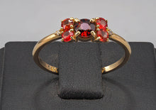 Load image into Gallery viewer, 14k solid gold ring with natural garnet, sapphires and diamond. Round garnet ring. Sapphire ring. Delicate ring. January birthstone.