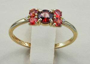 14k solid gold ring with natural garnet, sapphires and diamond. Round garnet ring. Sapphire ring. Delicate ring. January birthstone.