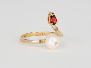 14k gold ring with pearl, garnet. Open ended ring. Adjustable ring. Pear garnet ring. Pearl ring. January and June  birthstone jewelry.