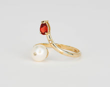 Load image into Gallery viewer, 14k gold ring with pearl, garnet. Open ended ring. Adjustable ring. Pear garnet ring. Pearl ring. January and June  birthstone jewelry.