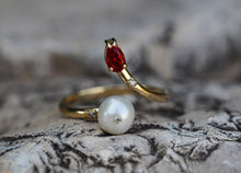 Load image into Gallery viewer, 14k gold ring with pearl, garnet. Open ended ring. Adjustable ring. Pear garnet ring. Pearl ring. January and June  birthstone jewelry.