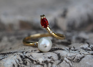 14k gold ring with pearl, garnet. Open ended ring. Adjustable ring. Pear garnet ring. Pearl ring. January and June  birthstone jewelry.