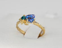 Load image into Gallery viewer, Genuine Tanzanite, sapphire and diamond gold ring. Tanzanite gold ring. Statement ring. December birthstone ring. Flower gold ring.