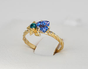 Genuine Tanzanite, sapphire and diamond gold ring. Tanzanite gold ring. Statement ring. December birthstone ring. Flower gold ring.