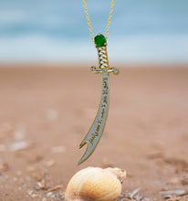 Load image into Gallery viewer, Solid 14K Gold Zulfikar sword pendant with emerald and diamonds. Shia Islamic Hazrat Imam Ali ibn Abi Talib علي Zulfiqar Sword.