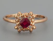 Load image into Gallery viewer, Princess Cut Ruby Ring in 14K Yellow Gold. Dainty Ring. Princess Ruby with Diamonds. Minimal Ring. Ruby Engagement Ring. July ruby ring