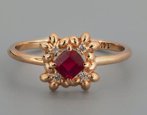 Princess Cut Ruby Ring in 14K Yellow Gold. Dainty Ring. Princess Ruby with Diamonds. Minimal Ring. Ruby Engagement Ring. July ruby ring