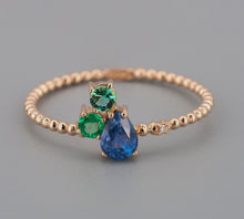 Load image into Gallery viewer, Pear sapphire gold ring. Genuine sapphire, emeralds and diamond 14k gold ring. Blue sapphire ring. Delicate gold ring. Cluster ring
