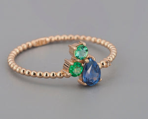 Pear sapphire gold ring. Genuine sapphire, emeralds and diamond 14k gold ring. Blue sapphire ring. Delicate gold ring. Cluster ring