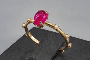 Ruby and pearls ring in 14k gold. Cabochon ruby ring. Stacking ring. Ruby promise ring. July birthstone ring. Valentine's jewelry.
