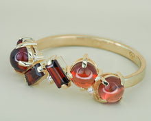 Load image into Gallery viewer, 14k Solid Gold Ring With Natural Garnets And Diamonds. January Birthstone Ring. Cabochon Garnet. Baguette Garnet. 14k Gold Garnet Ring.