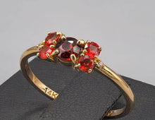 Load image into Gallery viewer, 14k solid gold ring with natural garnet, sapphires and diamond. Round garnet ring. Sapphire ring. Delicate ring. January birthstone.
