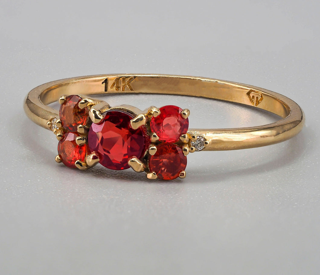 14k solid gold ring with natural garnet, sapphires and diamond. Round garnet ring. Sapphire ring. Delicate ring. January birthstone.