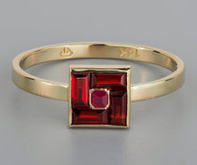 Load image into Gallery viewer, 14k solid gold ring with natural garnets and ruby. Garnet baguette gold ring. Garnet ring. January birthstone. Minimalist ring. Square ring.